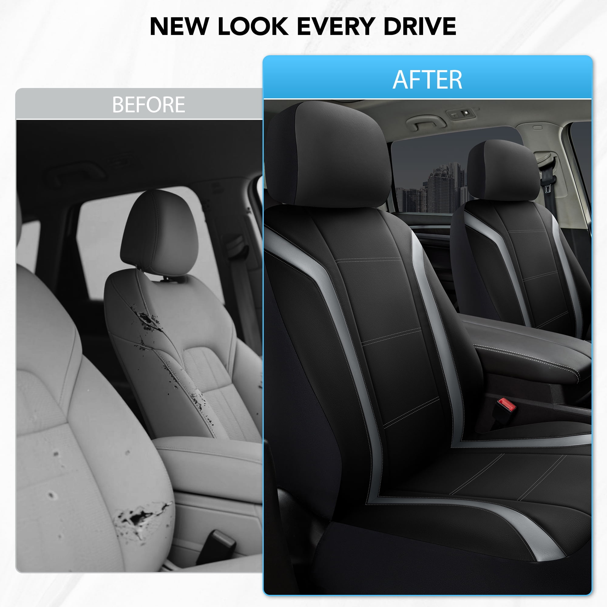 Road Comforts Leather Car Seat Cover,Sports Style Car Seat Cover,Breathable,Non-Slip,Universal Fit,Gray Front Seats