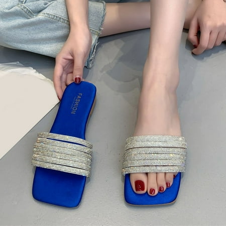 

〖Yilirongyumm〗 Blue 42 Slippers For Women Fashion Summer Women Slippers Rhinestone Strap Flat Open Toe Solid Color Casual