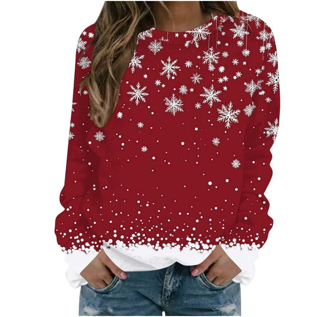 RXMEKW Chandail Molletonné Imprimé de Noël pour Femmes à Manches Longues, Col Rond, Haut Décontracté, Tissu en Polyester