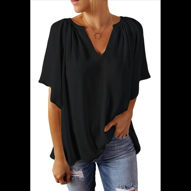 Blusas Elegantes e Informales para Mujer, -Verano 2025, Cuello en V, Corta, Blusas de Informales para Negocios. Negro L