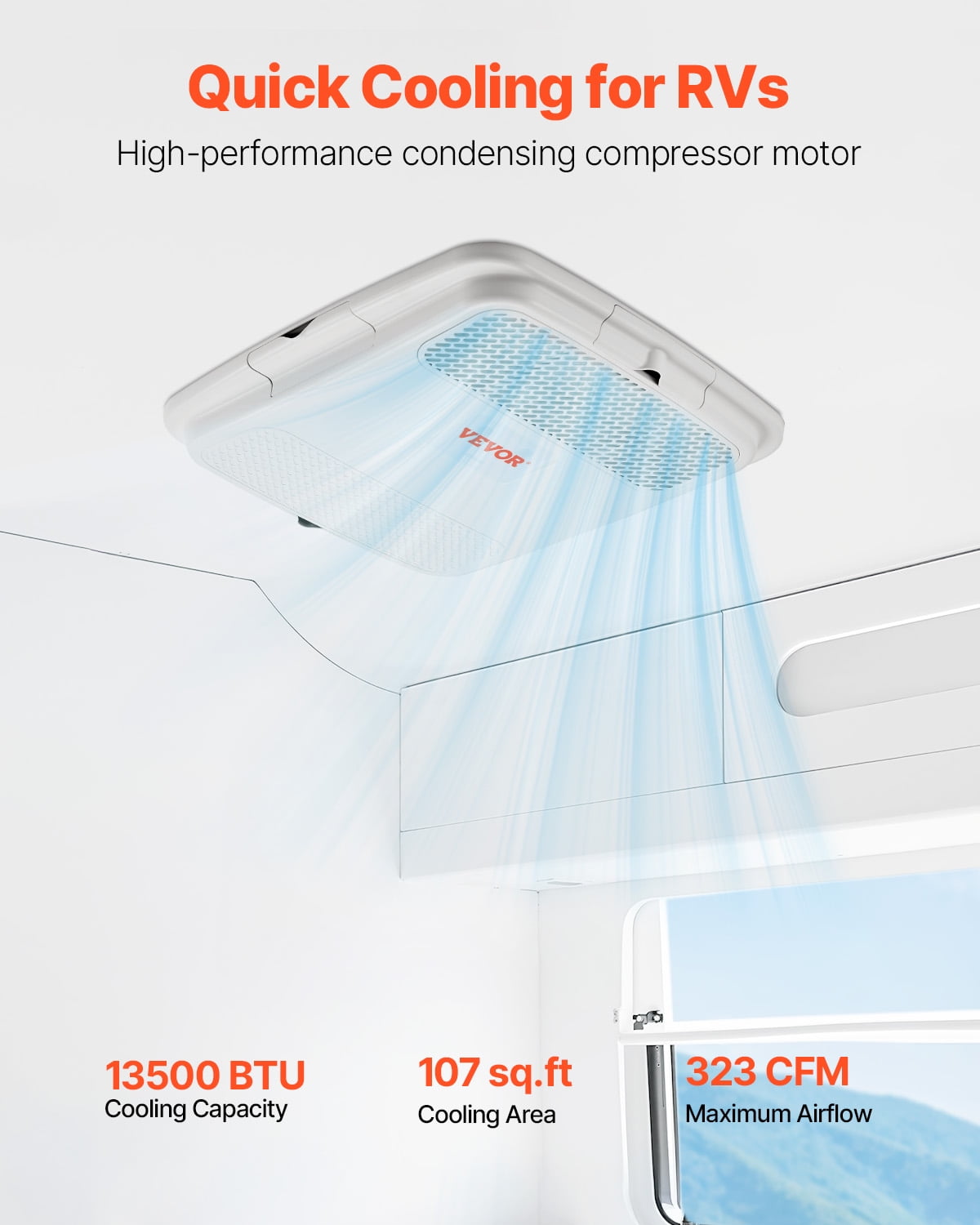 VEVOR RV Air Conditioner, 13500 BTU Non-Ducted Rooftop RV AC Unit, 65 dB Quiet Design, Including Air Distribution Box, Operation Panel and Installation Hardware, for Campers, Vans, Trailers, White