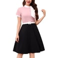 thumbnail image 2 of IWEMEK Women 50s Style Dresses Vintage Swing Dress Short Sleeve Tie Neck Midi Prom Dress with Belt Summer Fall A Line Tea Party Dress 2XL Pink Black, 2 of 8