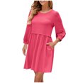 thumbnail image 5 of ZHYou Womens Dresses 3/4 Sleeve Textured A-Line Mini Dress Crew Neck Solid Color Smocked Waist Casual Comfy Dresses,Pink,L, 5 of 9