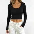 thumbnail image 3 of Stamzod Fitted T Shirts for Women Fashion U Neck Long Sleeve Crop Tops Casual Knit Ribbed Basic Tees, 3 of 8