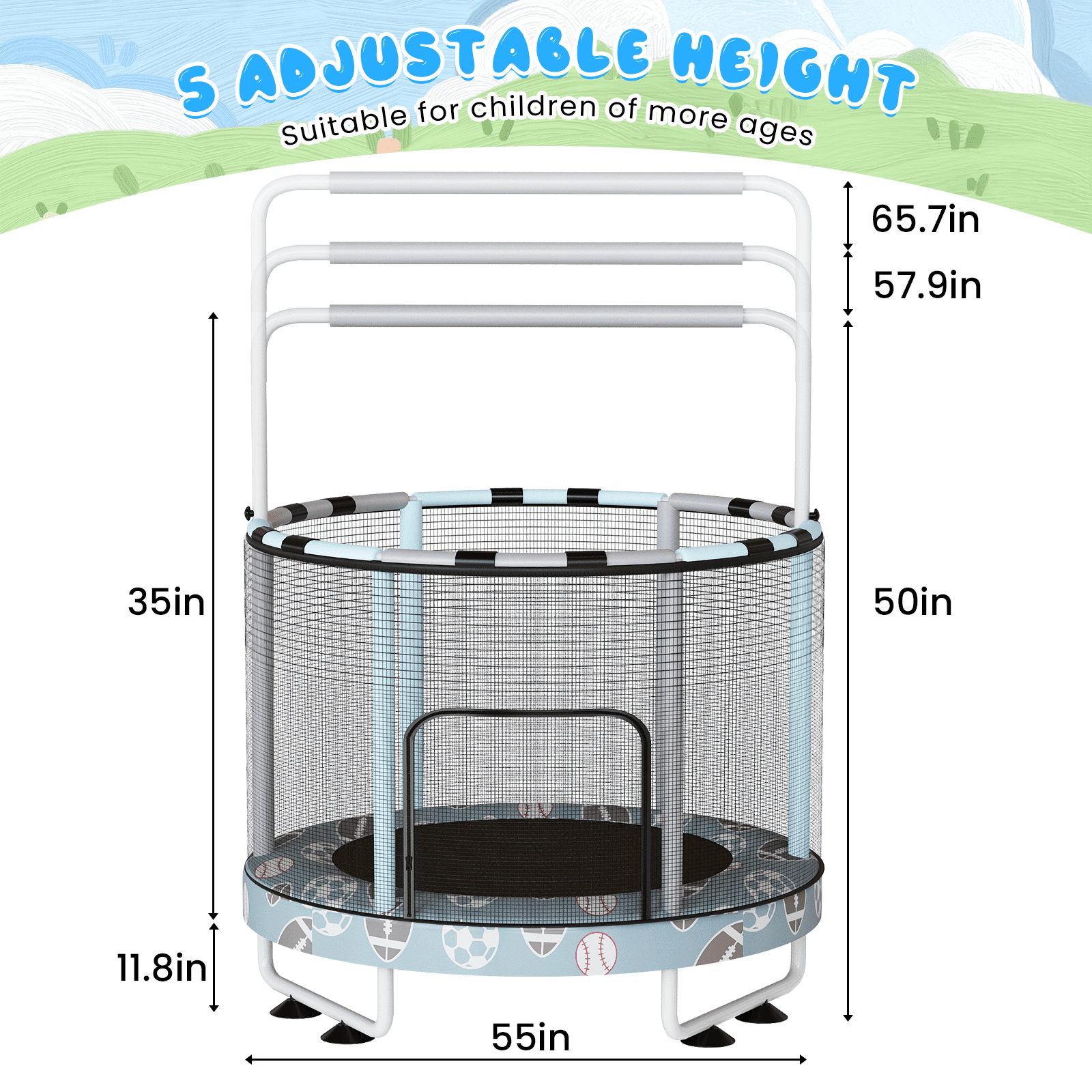 Mieres 55" 7-in-1 Upgraded Kids Trampoline with Swing & Basketball Hoop, Reinforced Safety Design with Adjustable Height & Net for Ages 3-8, 500lbs Capacity, In/Outdoor Play Center, Blue Football