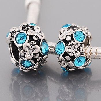 Aqua Blue Rhinestone Flowers Charm Bead. Compatible With Most Pandora Style Charm