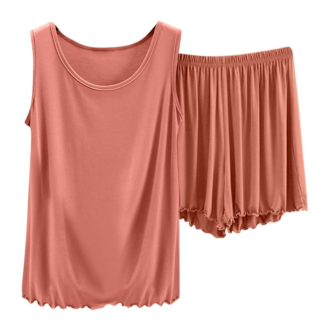 MeetoTime Pyjama pour Femmes Ensemble Extensible Ample Couleur Unie Haut Sans Manches Short Taille Élastique Ensemble Deux Pièces