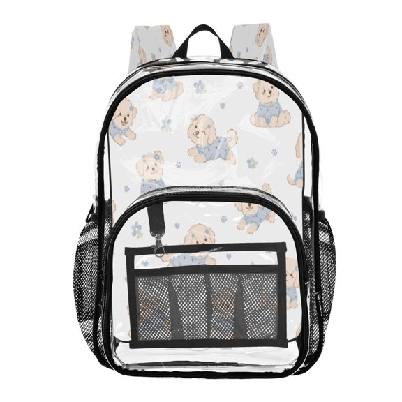 Clear PVC Backpack 12L Transparent Shoulder Bag with Mesh Pockets Cute Puppy Blue Dress Pattern