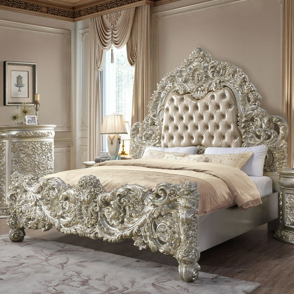ACME Sorina Eastern King Bed, Synthetic Leather & Antique Gold Finish