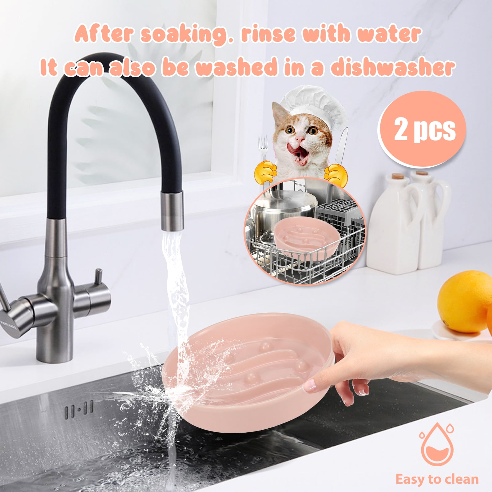 Threns 2 Pcs Practical Cat Slow Feeder Bowl Smooth Ceramic Cat Food Bowl Slow Feeder with Nonslip Bottom for Kitten Puppy Small Pet