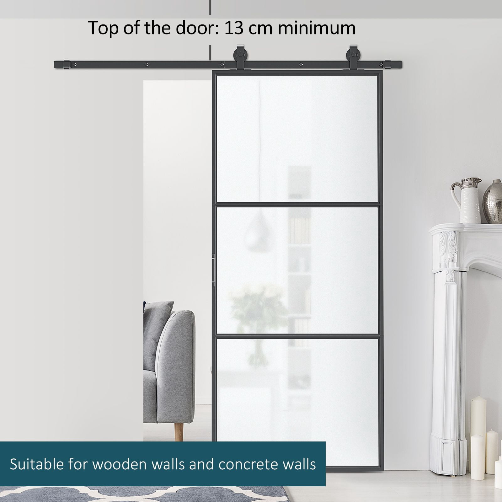 36 x 84 in Sliding Door with 6FT Hardware Kit and Handle, Industrial Frosted Tempered Glass Door with Carbon Steel, Easy Installation