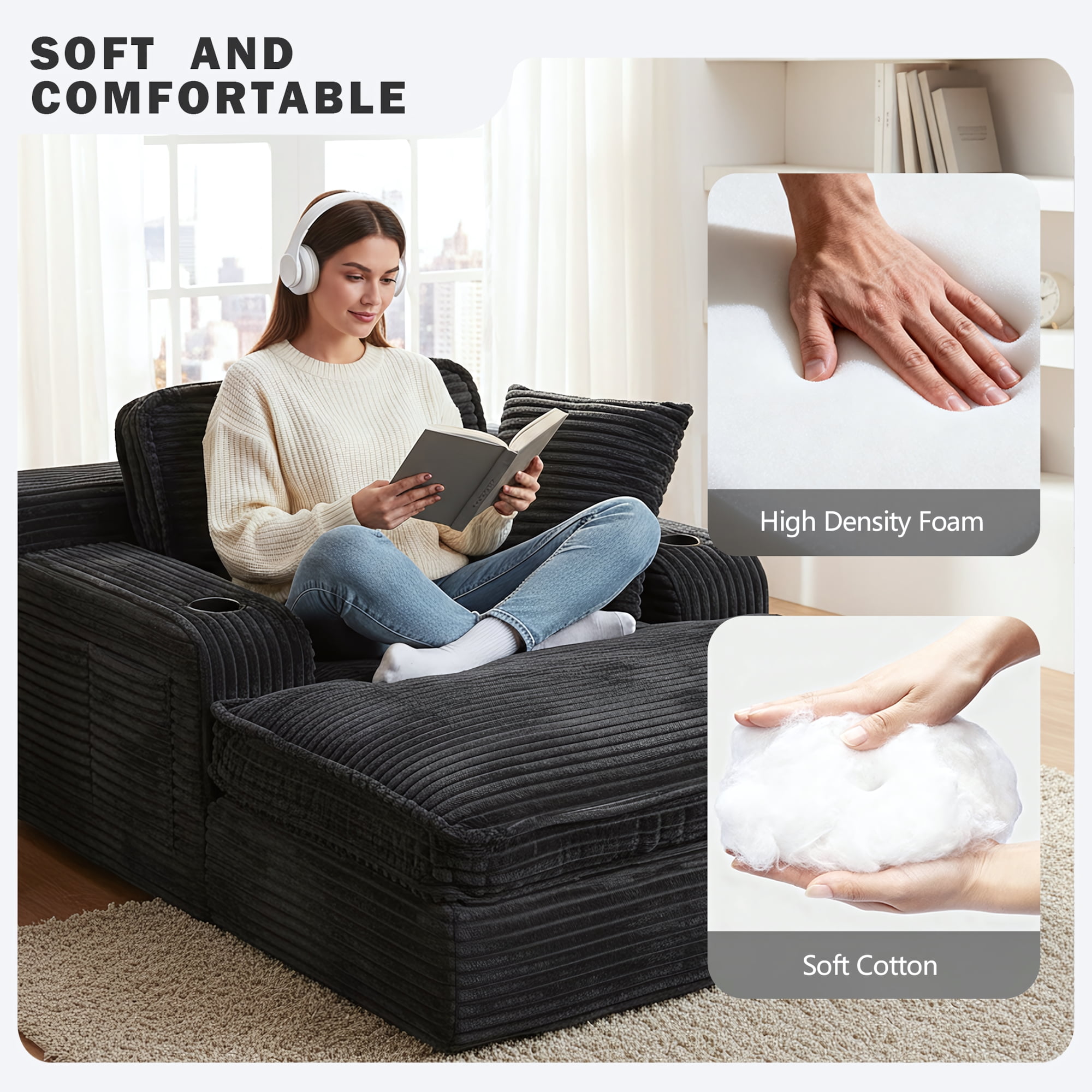EOP 67'' Oversized Chaise Lounge Chair Indoor, Plush Boneless Cloud Couch with Side Pockets & Cup Holders, Comfy Corduroy Sleeper Couch with Removable Pillows for Living Room, Black