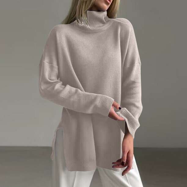 Suéter de cuello alto para mujer, de manga larga, suelto, de color sólido, con cuello alto, suéter de punto, suéter para mujer