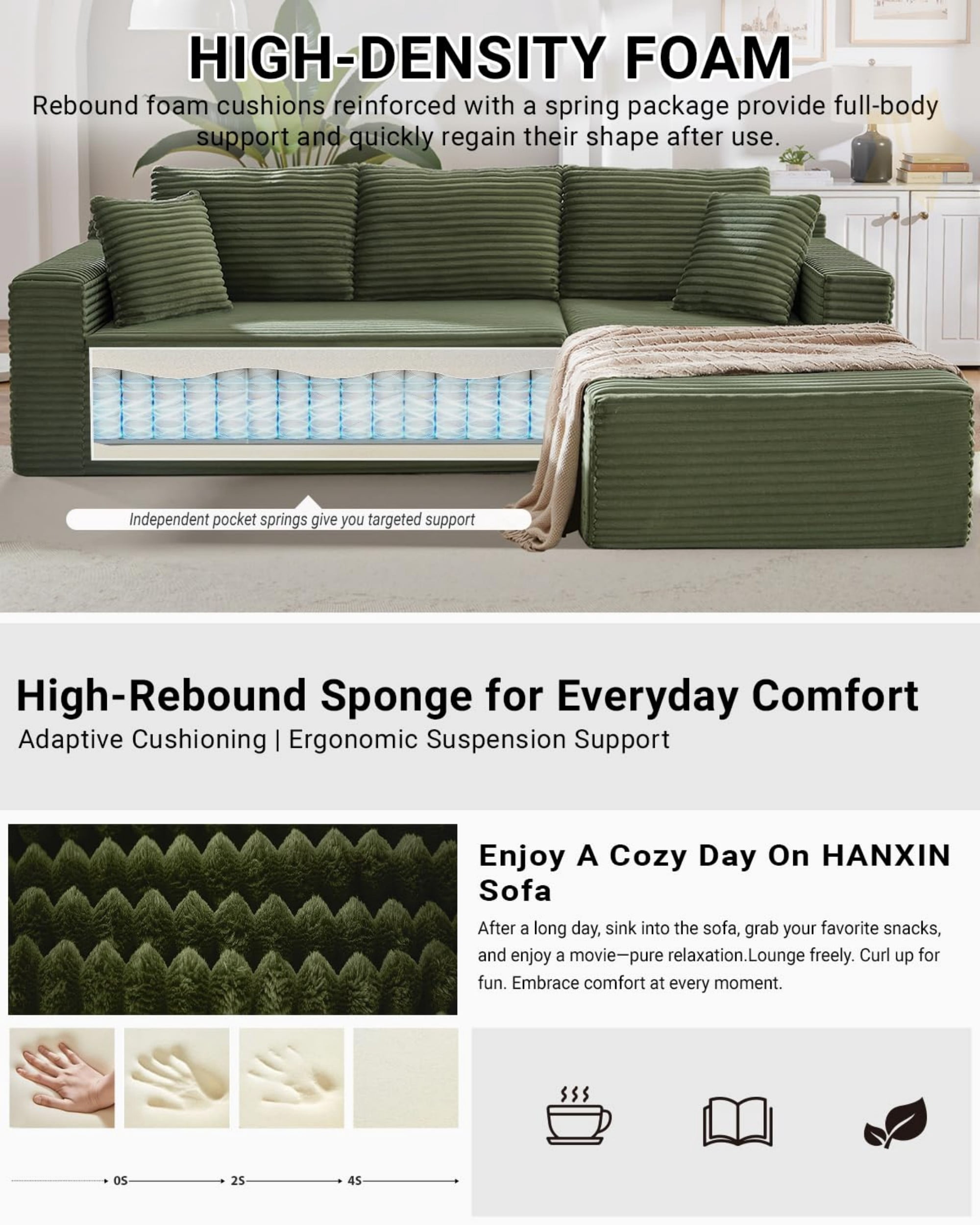 Aukfa 107" Cloud Modular Sectional Couch with Right-Facing Chaise, Corduroy Deep Seat Boneless Sofa for Living Room, Apartment, Green