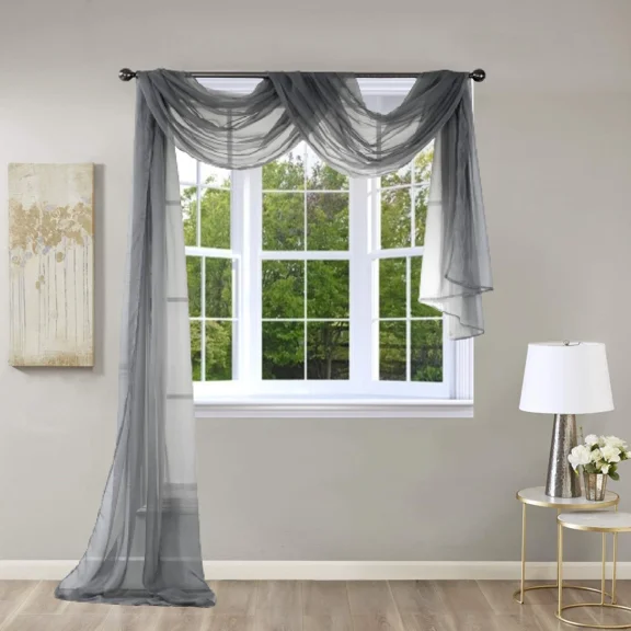 Gorgeous Home Linen Window Voile Sheer Scarf Valance Topper or Party Décor Solid Color Charcoal Grey 37" Width X 216 " Length 1pc