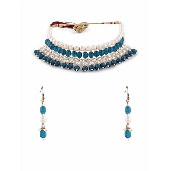 Peacock Green & White Beaded Cluster Drops Choker Necklace Set With & Earring Set For Women | Trend Choker Necklace - Ethnic Indian Styles & Designs Choker Jewellery Set For Collection