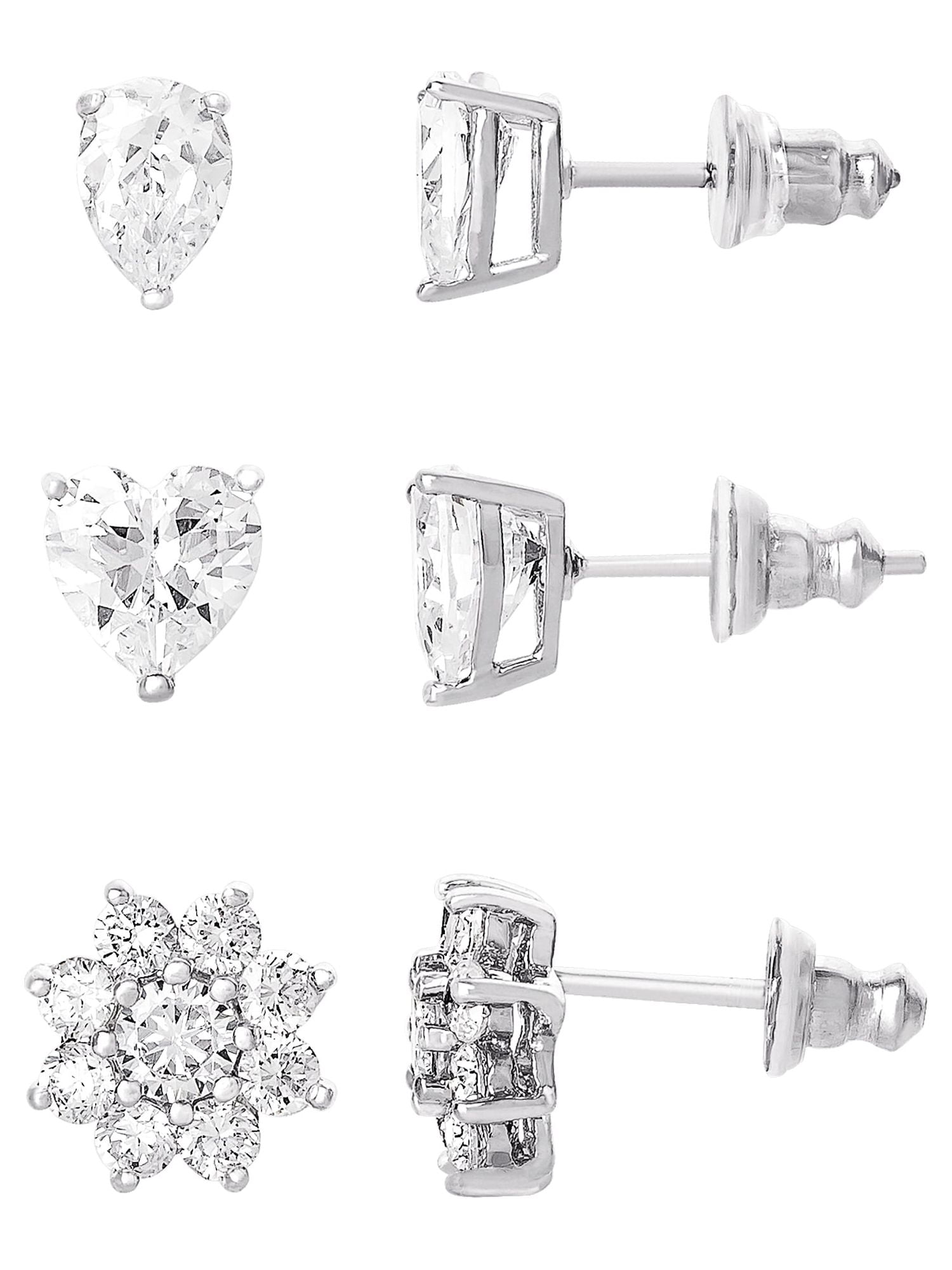 Believe by Brilliance Women's Sterling Silver and Cubic Zirconia Multi Shape Stud Earrings, Set of 3