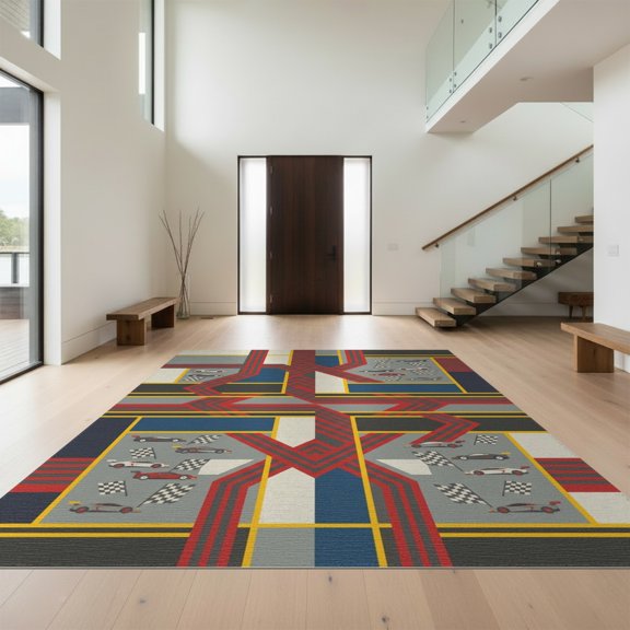 Design&I 8'x10' Washable Area Rug Checkered Grid Border Bold Track Loops Car Interlocking Stripes Playful for King Size Bedroom, Under Bed, Sleek Flatweave Pet Friendly