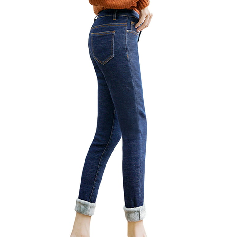 Women Solid Color Jeans, Adults High Waisted Fleece Lined Jeggings with  Pockets 