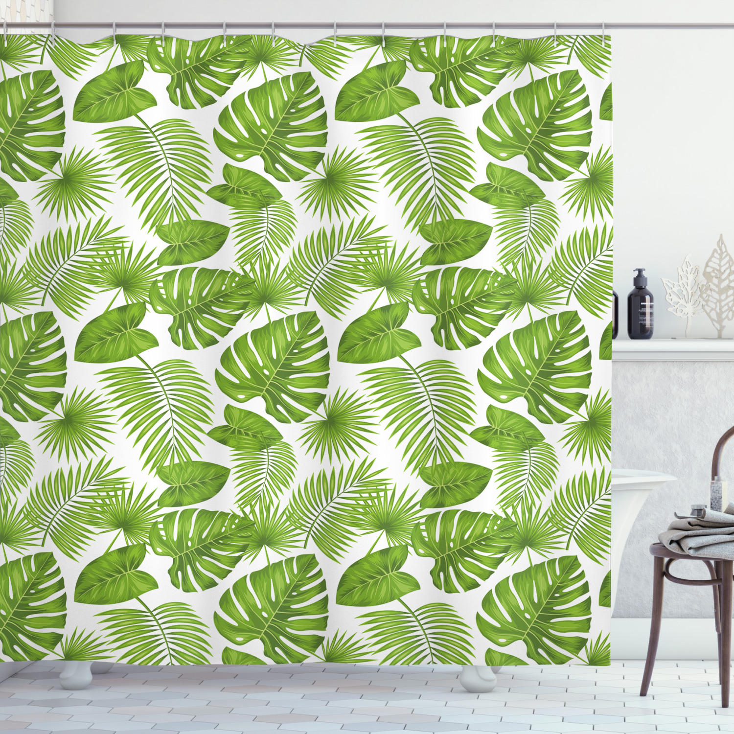 Exotic Shower Curtain, Repeating Tropical Forest Themed Pattern of