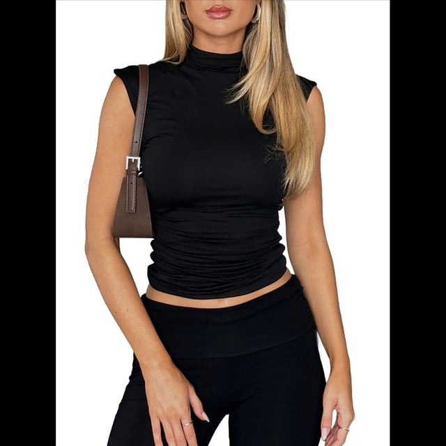 Tops Cortos Sin Mangas para Mujer, Camisetas Sin Mangas Fruncidas con Cuello Alto, Camisetas para Salir Y2K, Camisetas Ajustadas Lisas. Negro XL