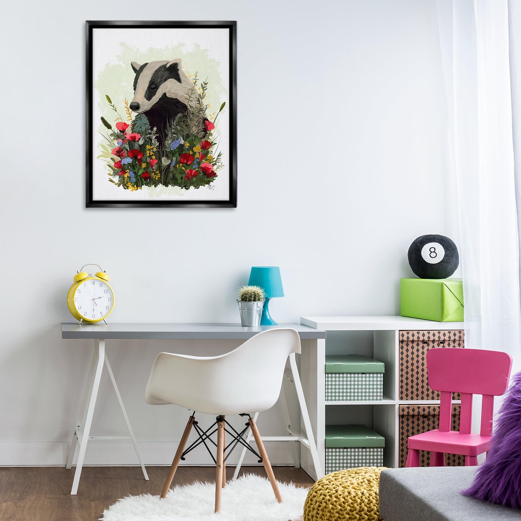Stupell Industries Badger with Poppy Blossoms Animals & Insects Painting Black Floater Framed Canvas Art Print Wall Art, 25 x 31