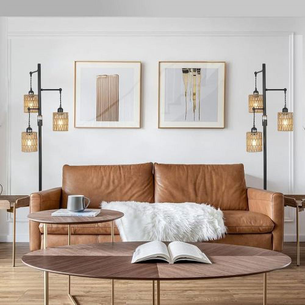 Hi-LIGHTS,65 Inch 3-Lights Boho Dimmable Floor Lamp with Natural Rattan Shade & Reinforced Base(Bulbs Not Included),Farmhouse Tall Floor Lamp for Living Room,Bedroom,Dining room,Office(Black+Brown)