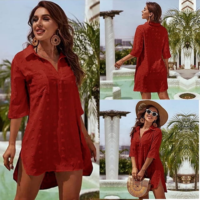 Camisa de jacquard de largo medio suelta, abrigo de playa, blusa de bikini para mujer, traje de baño, ropa exterior