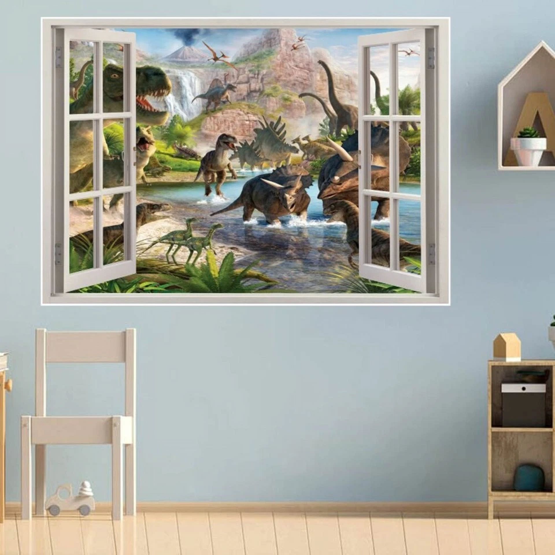 Fake Window Self-Adhesive Dinosaur Wall Stickers Children'S Bedroom Decoration