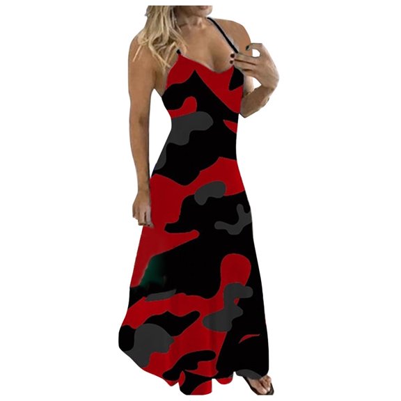 JBXKXYW Summer Dresses For Women 2024 Women'S Ladies Plus Size Camouflage Sleeveless V-Collar Long Dress Maxi Dress Womens Dresses (Red,L)