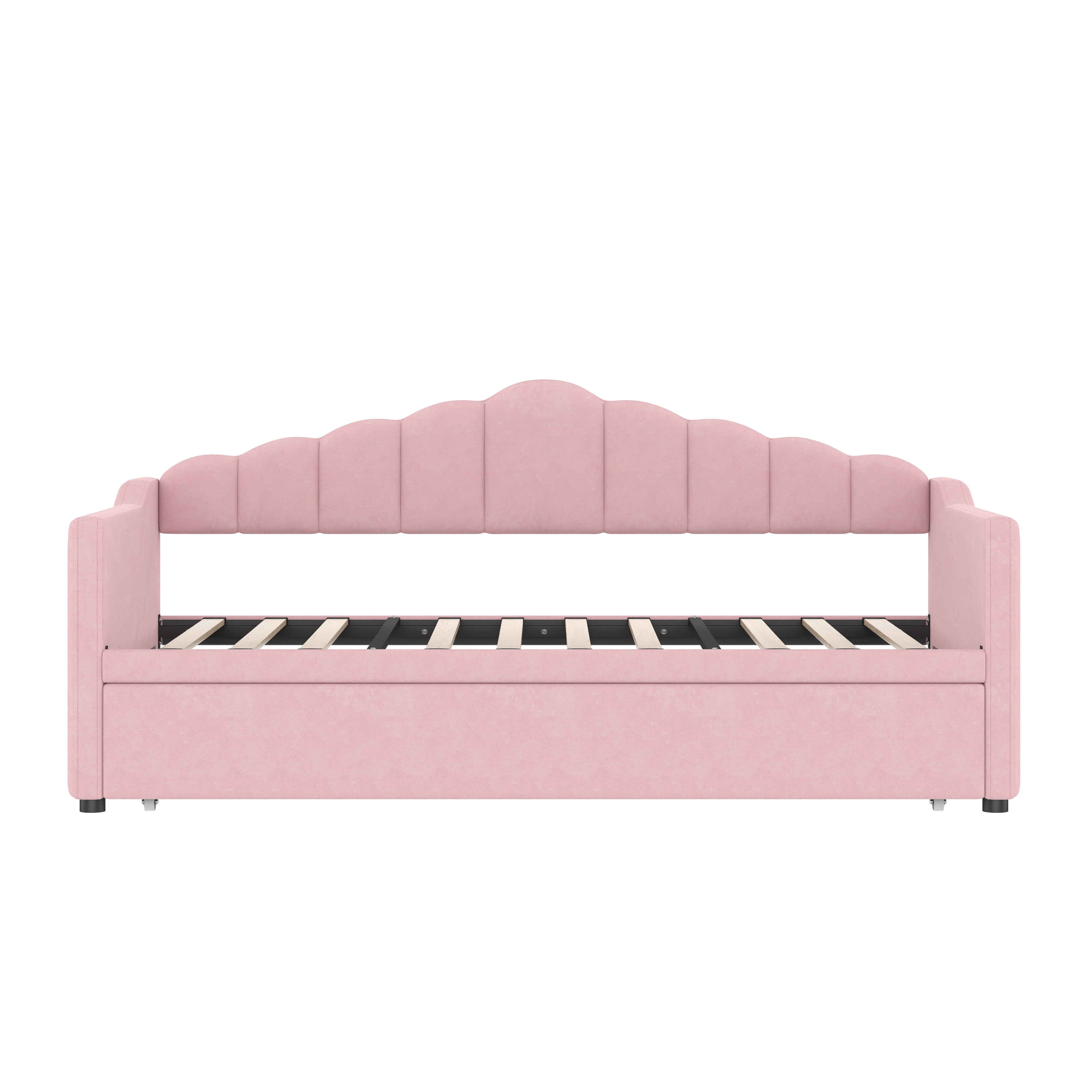 Euroco Upholstered Twin Size Daybed with Pop up Trundle Bed, Adjustable Sofa Bed with Pockets and USB & Type-C Charging Station, Pink