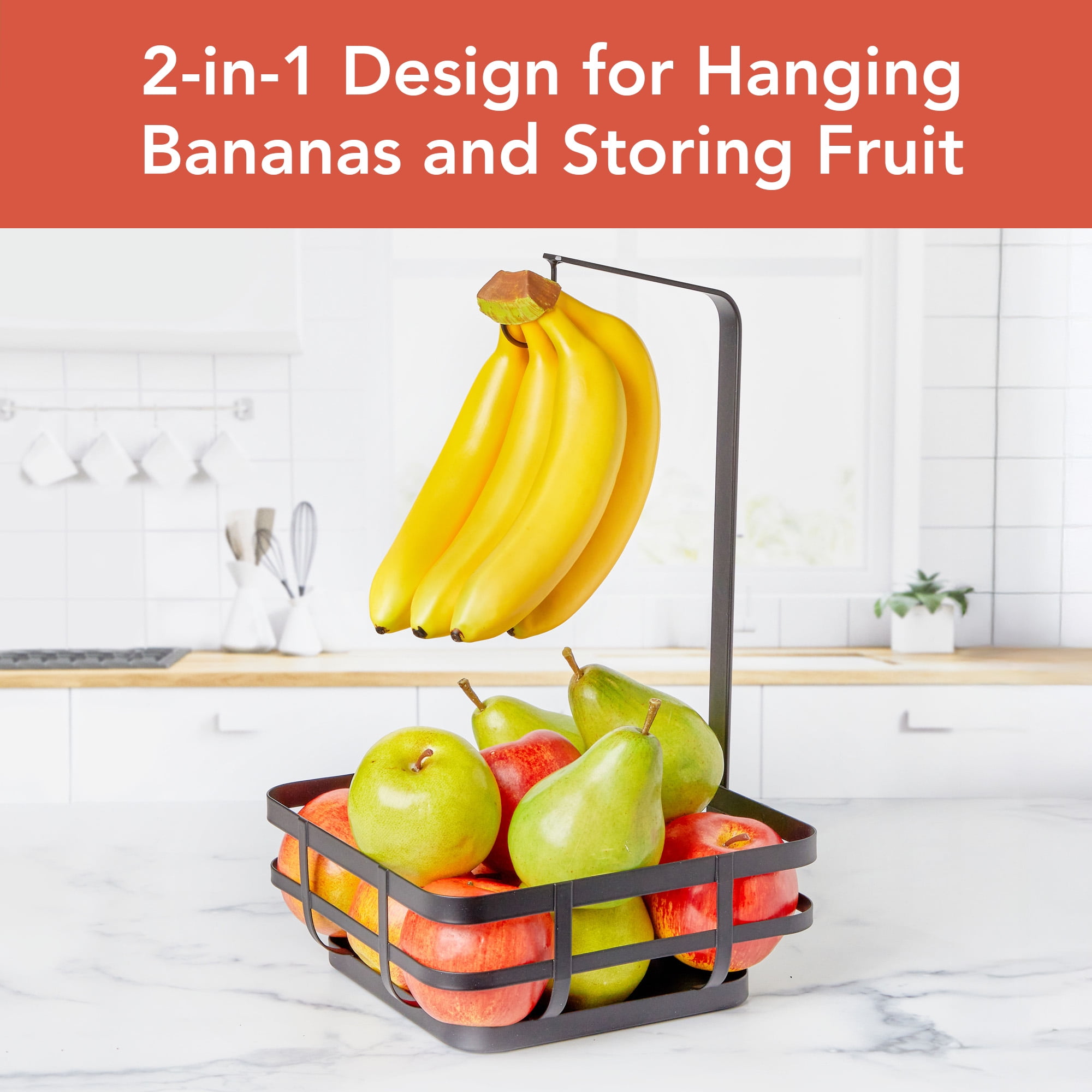 Spectrum Fruit Basket with Banana Hook Modern Black Steel Wire Kitchen Counter Organizer Basket for Fruit and Veggies, 2 in 1 Space Saving Storage for Countertops