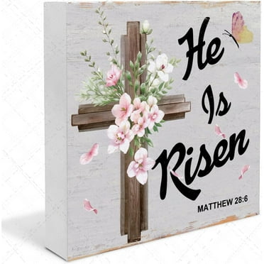 Easter Wooden Box Sign Table Decorations He is Risen Table Sign Floral Cross Easter Tiered Tray Decor Religious Tabletop Centerpieces for Easter Spring Home Office 5x5 In