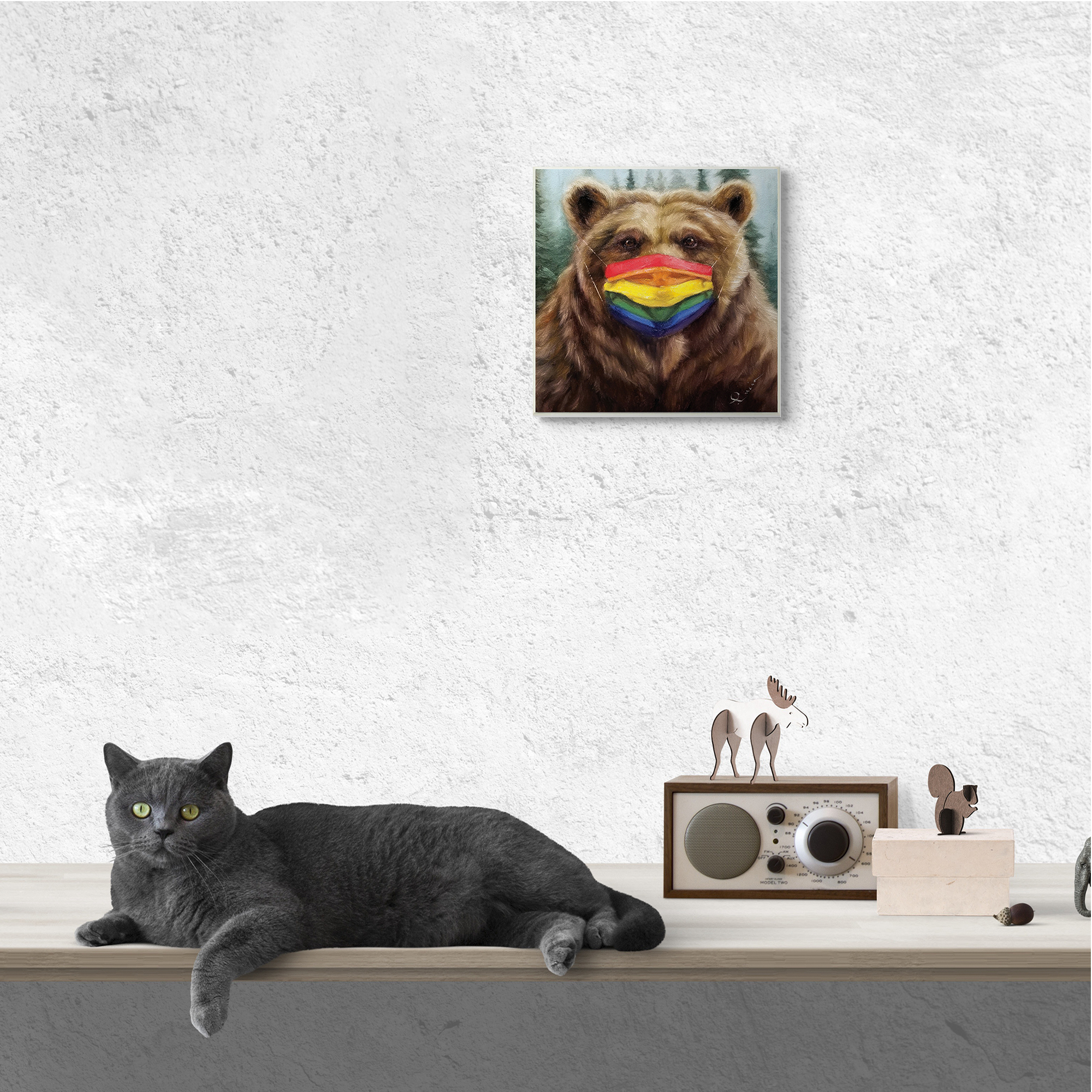 Stupell Industries Brown Bear Rainbow Face Mask Forest Animal Animals & Insects Painting Unframed Art Print Wall Art, 12 x 12
