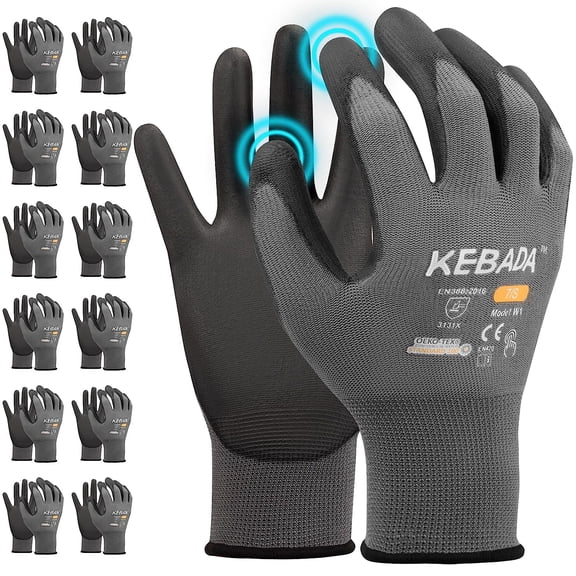 W1 Work Gloves for Men and Women, PU Coated Safety Gloves with Grip, Touchscreen, Ideal for Warehouse Package Handling, Construction, Gardening, 12 Pairs Gray Large