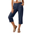 thumbnail image 5 of GEWSEY Linen Capri Dress Pants for Women Casual Elastic Waist Cropped Wide Leg Pants with Pockets Summer Baggy Work Trousers Navy for Size M, 5 of 6