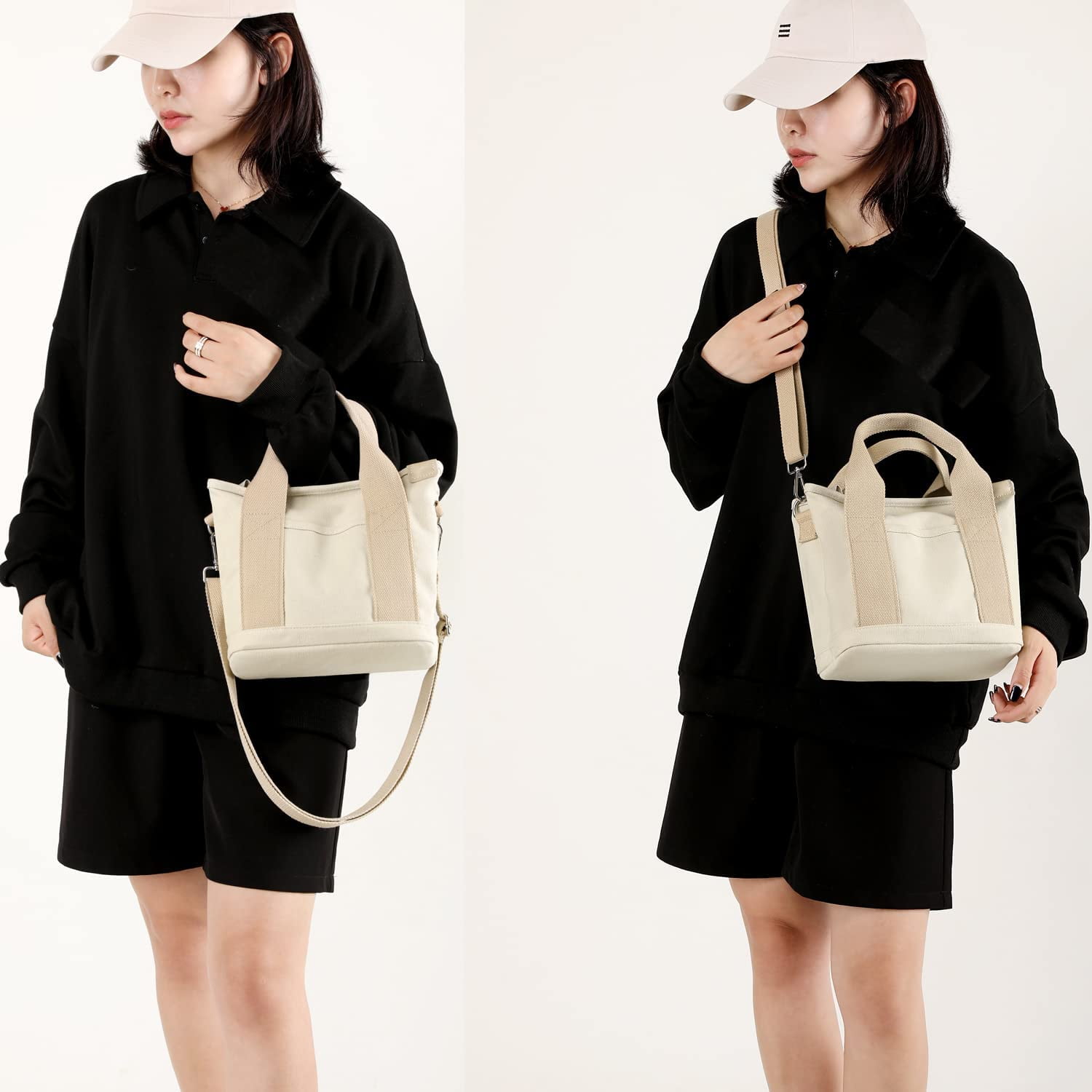 Small Cute Canvas Tote Crossbody Shoulder Bag Multiple Pockets Mini Casual Satchel Hobo Handbag Messenger Purse for Women