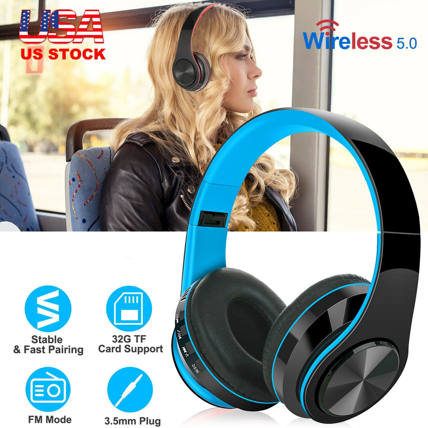 Hi-Res Sound Deep Bass Headset for Kids Adults CVC 8.0 Work Travel Home Laptop Cellphone Noise Cancelling Headphones Bluetooth Headphones with Microphone 50H Playtime Wireless Over-ear Headphones 