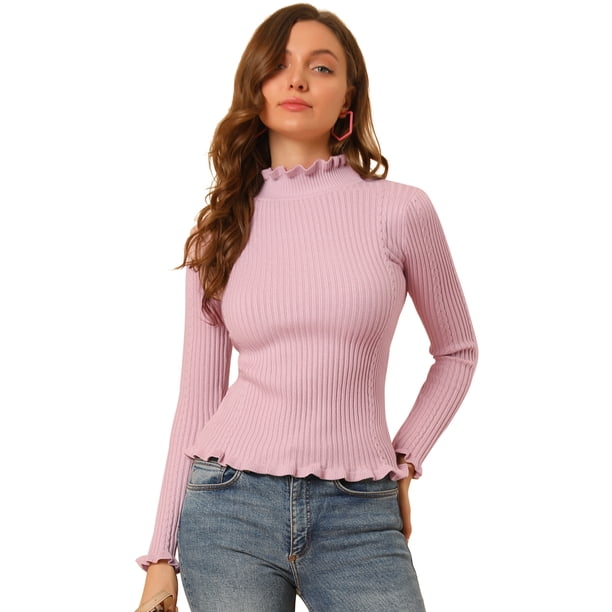 INSPIRE CHIC Suéter de mujer de corte clásico ligero de manga larga con volantes y cuello simulado Rosa M