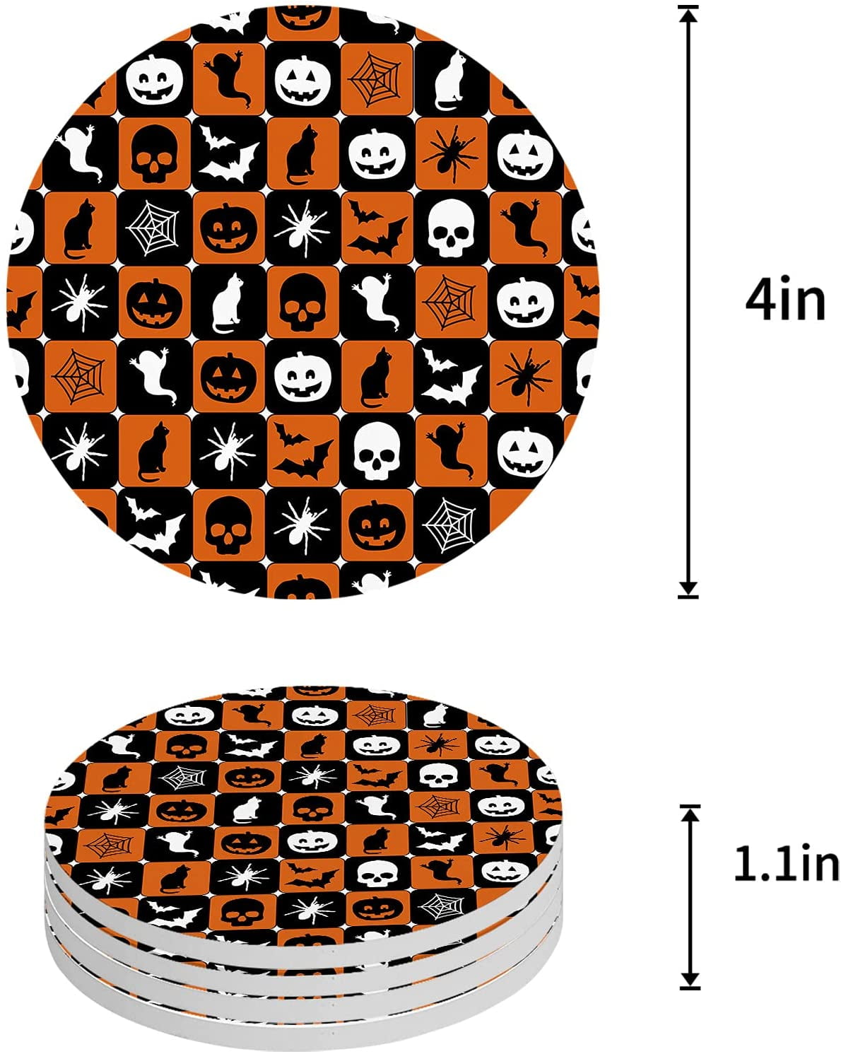 FMSHPON Halloween Pumpkin Black Cat and Bat Orange Plaid Set of 8 Round ...