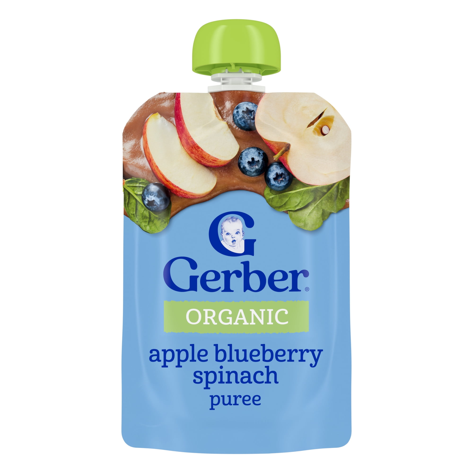 Gerber Stage 2 Baby Food, Organic Apple Blueberry Spinach Puree Pouch 3.5 oz