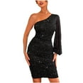 thumbnail image 2 of Slimming Dresses for Curvy Women One Shoulder Long Sleeve Ruched Sequin Bodycon Dress Evening Party Elegant Prom Dresses Black M, 2 of 7
