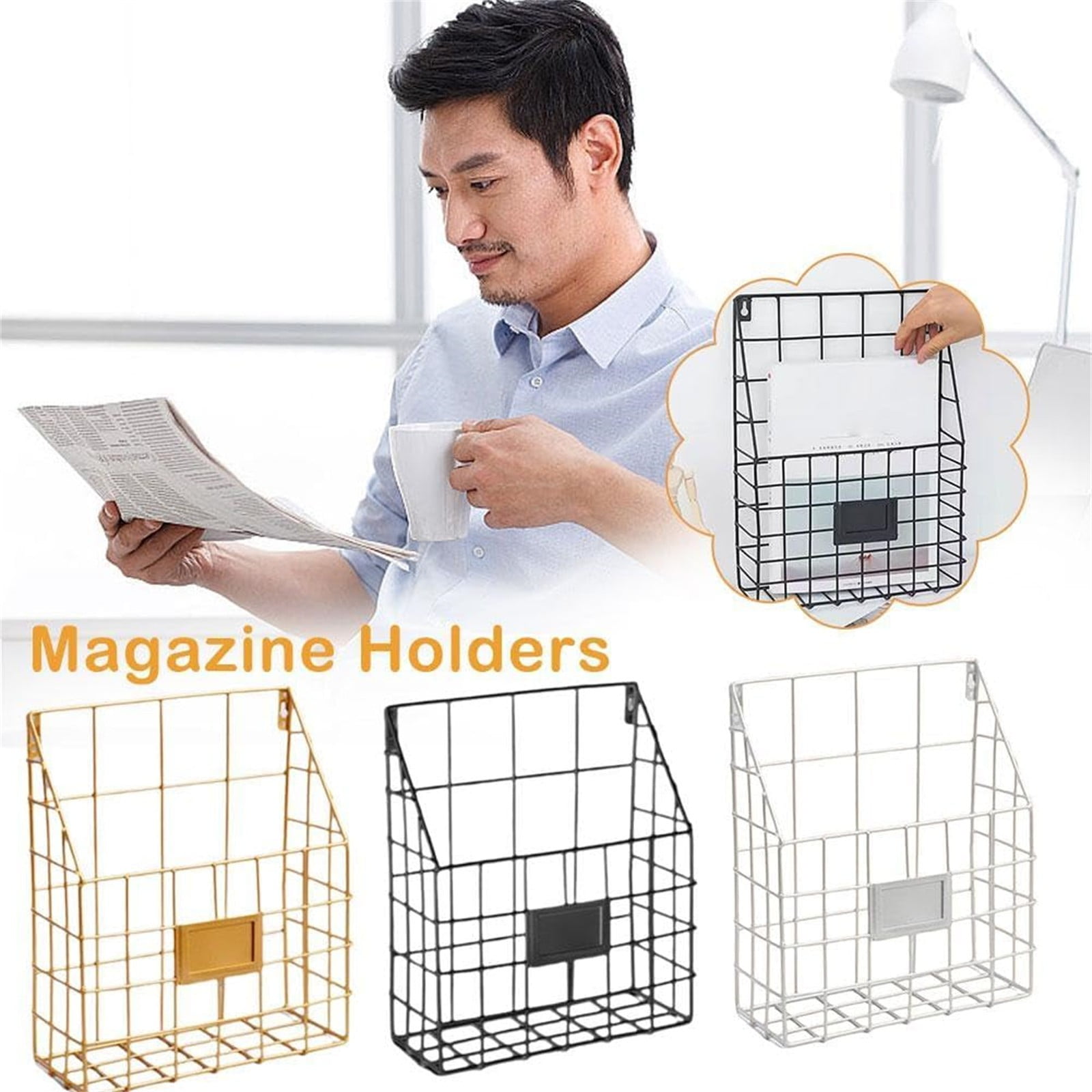 Simple Houseware Grid Single Pocket Wall Mount File Holder with Tag Slots,Hanging Wall File Organizer Metal Mesh Wall Mounted File Holder for Magazines/Files Fits Home & Office Use(White,9.8x4x11.9")