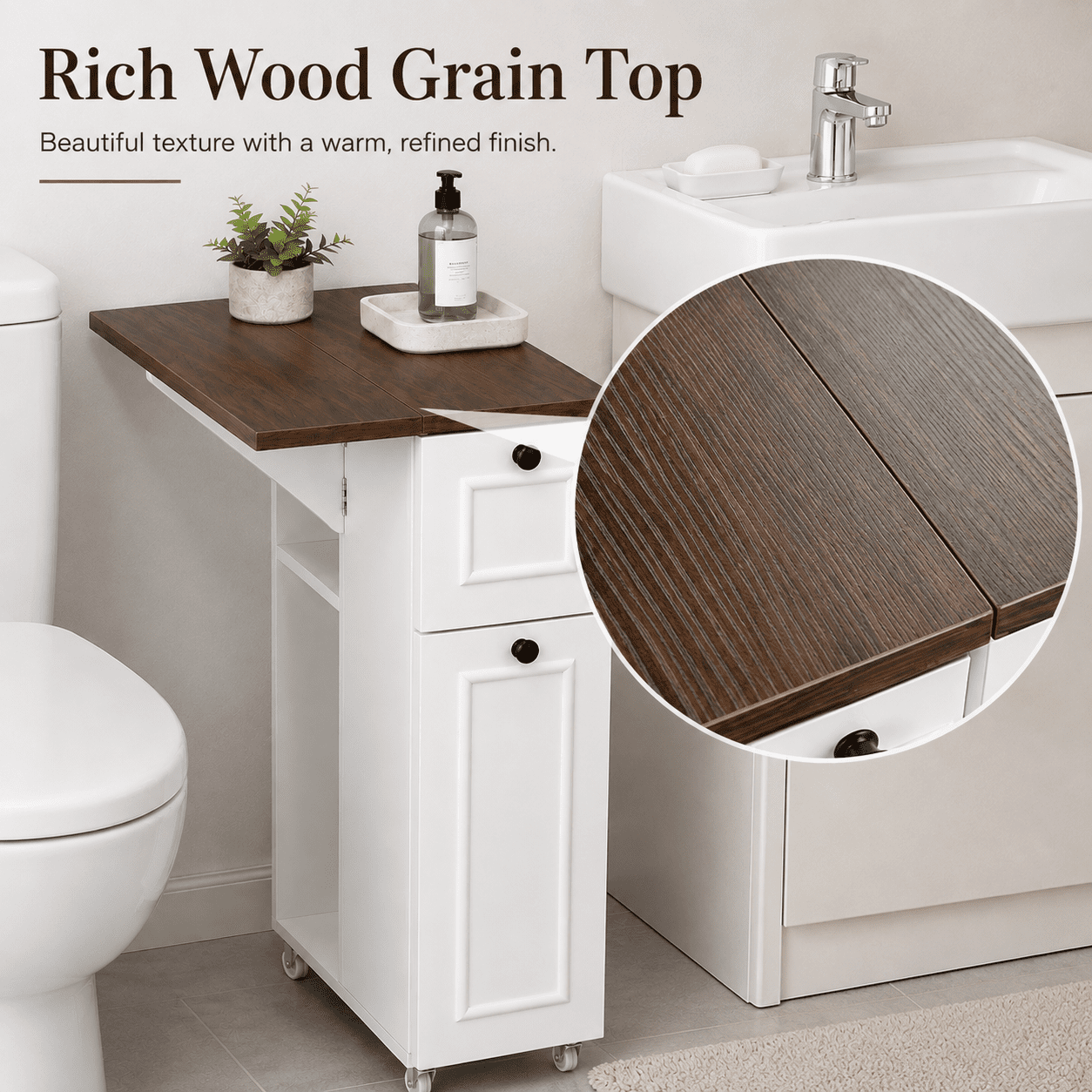 Slim Bathroom Storage Cabinet 32.28 Inch, Flip-Top Rolling Organizer with Wheels for Small Spaces, Narrow Side Cabinet for Bathroom and Laundry, White