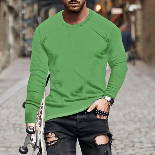pstuiky mangas largas para hombre, Camisa de manga larga con cuello redondo, color liso, informal y cómoda para hombre. salir tops s