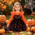 thumbnail image 2 of Toddler Girls Halloween Tutu Dress, Ruffle Long Sleeve Jack O Lantern Bat Print Mesh Party Dress Sizes 80-120, 2 of 8