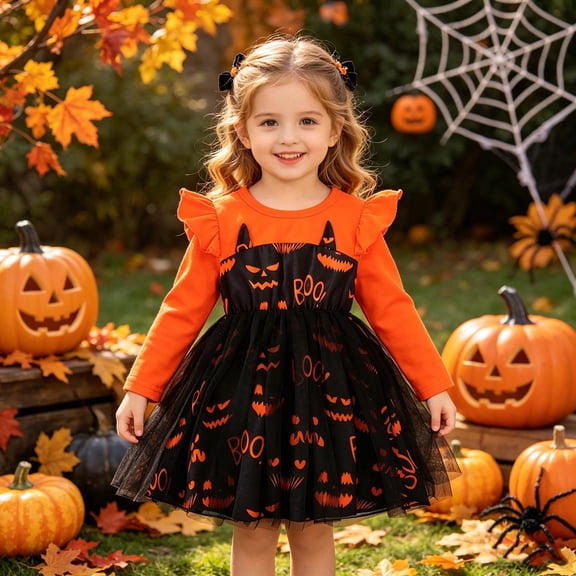 Angala Performance Dress For Girls Long Sleeve Crew Neck Bat Pumpkin Face Graphic Girls Halloween Dresses