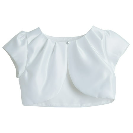 Inverted Pleat Coat - Little Girls White Pleated Satin Short Sleeve Bolero Jacket 6