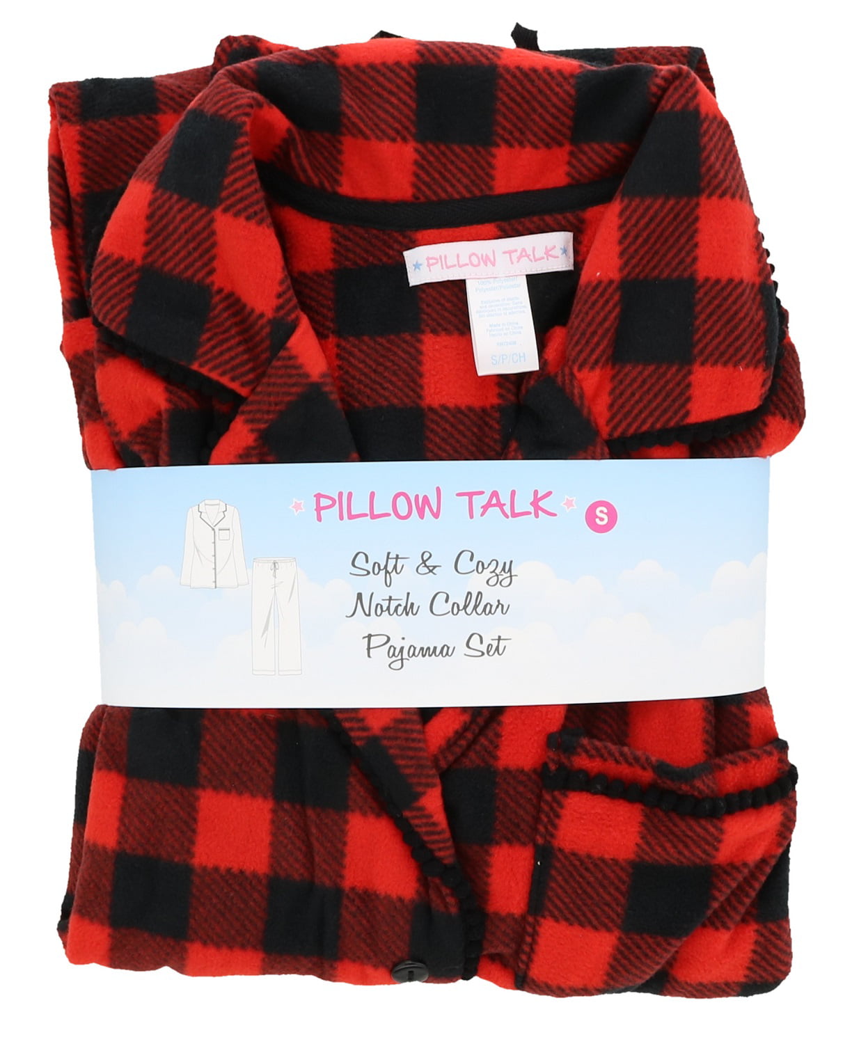 Pillow Talk Women's Red Plaid Warm Fleece Coat-Style Long Sleeved Pajamas