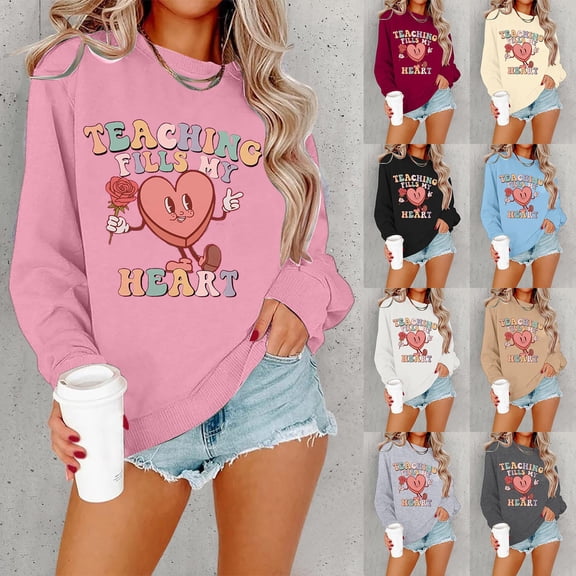 Hpapadks Womens Sweatshirts Valentines Day Teacher Hoody Teach Letter Long Sleeve Pullover Tops Crewneck Sweatshirts Women